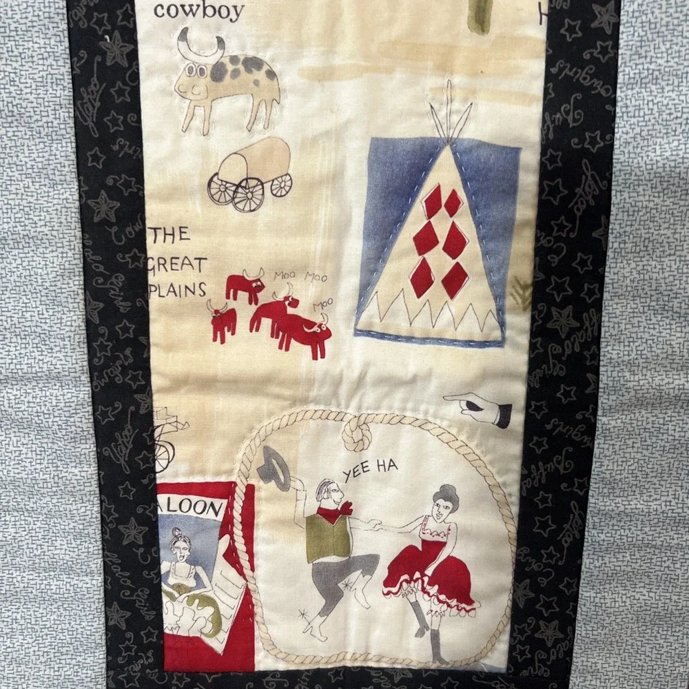 Quilted embroidered western cowboy cowgirl wall‎ hanging Two Sided 18.5